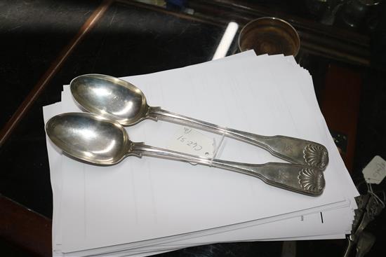 A pair of early Victorian silver fiddle, thread and shell pattern basting spoons by William Eaton, London, 1838, 10 oz.